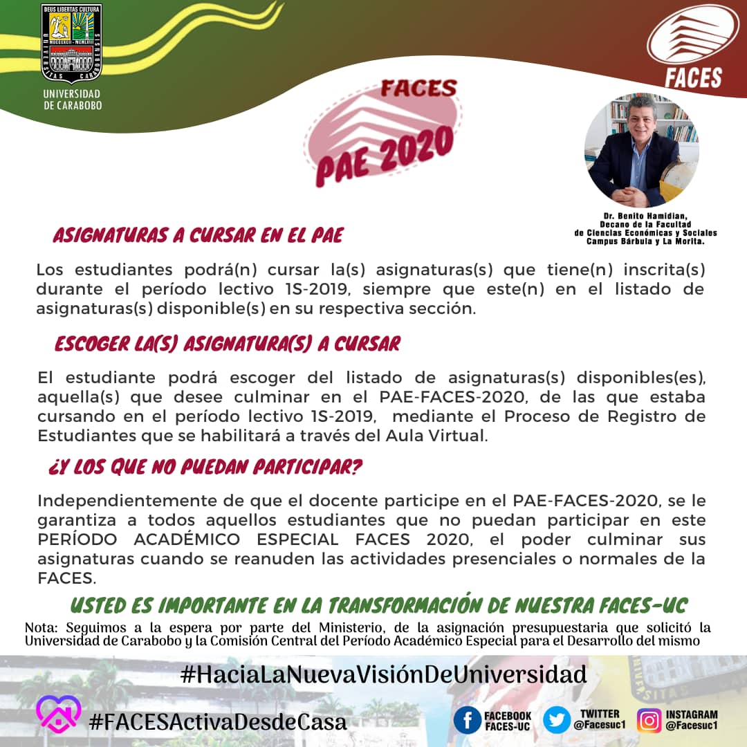 Dando cumplimiento a la resolución CU-007-1909-2020, se invita a los estudiantes cursantes del 1S-2019 a participar en el Periodo Académico  Especial FACES.

Comisión Coordinadora del PAE FACES - 2020.

#HaciaLaNuevaVisionDeUniversidad