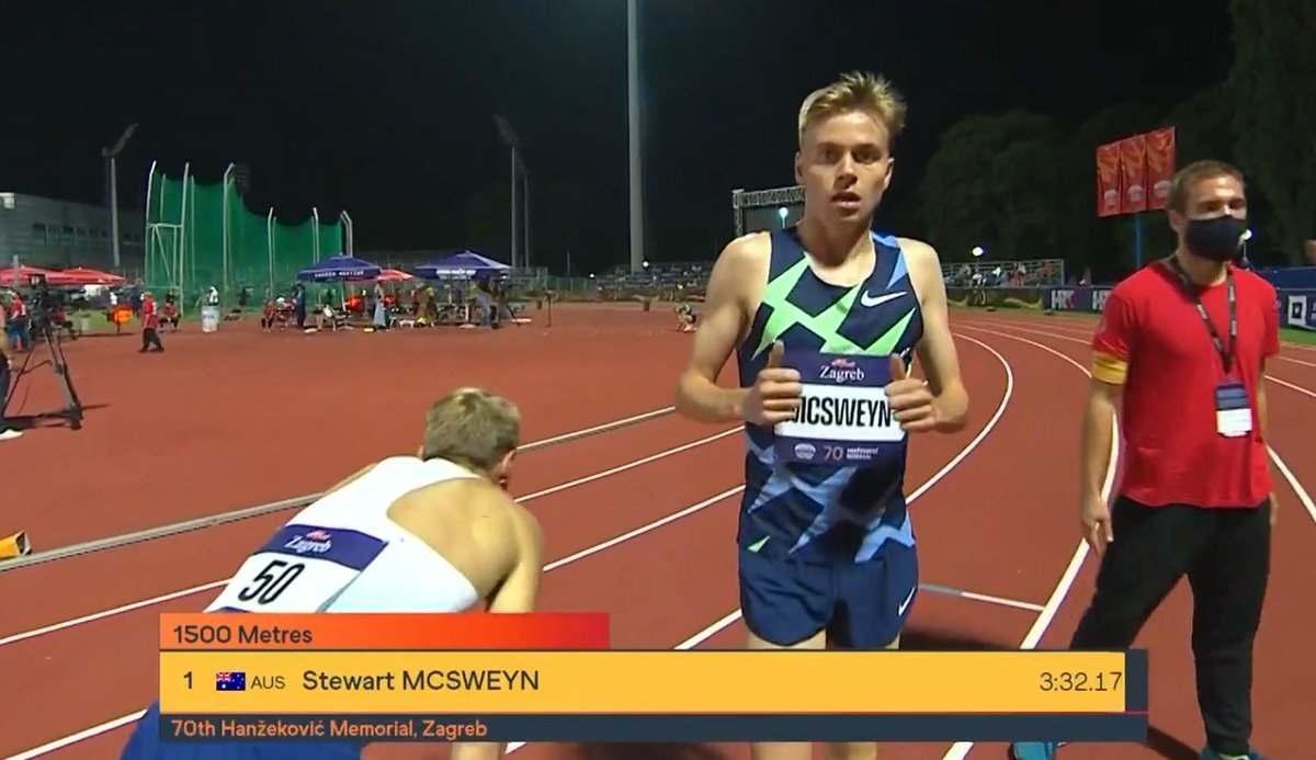 A strong win for <a href="/Stewy_mac3/">Stewart McSweyn</a> in the 1500m at the Hanžeković Memorial meet in Croatia.  Racing against the clock over the last 600m, McSweyn stretched his lead out up to 30m to win comfortably in 3:32.17.