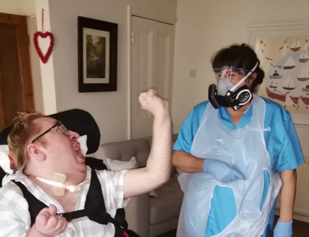 Barrow2David's tweet photo. @CareCcn @PHE_uk @WeLDnurses Tom has a Personal Health Budget &amp; whilst we are glad to have the correct PPE, after months of shielding , this isn’t what I ever expected would be worn in our own home. If there was ever a case for regular targeted testing, I feel these are the circumstances it should be done https://t.co/x3bvXIOQ8G