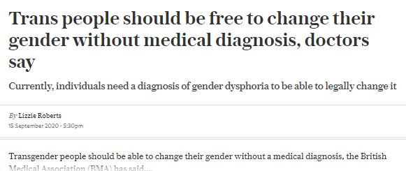 The British Medical Association just passed a motion to allow trans people to declare their own gender in a sworn statement.This could be huge in terms of GRA/ self-IDIt would be now be difficult for a government to demand the requirement of a diagnosis in future legislation.