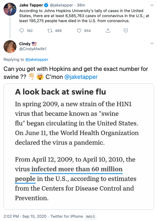 And then there are these morons, who go, "But there were more H1N1 cases! See! Obama bad!"And just... H1N1 was more contagious, but less lethal. That's why there were 60 million cases and less than 13,000 deaths.