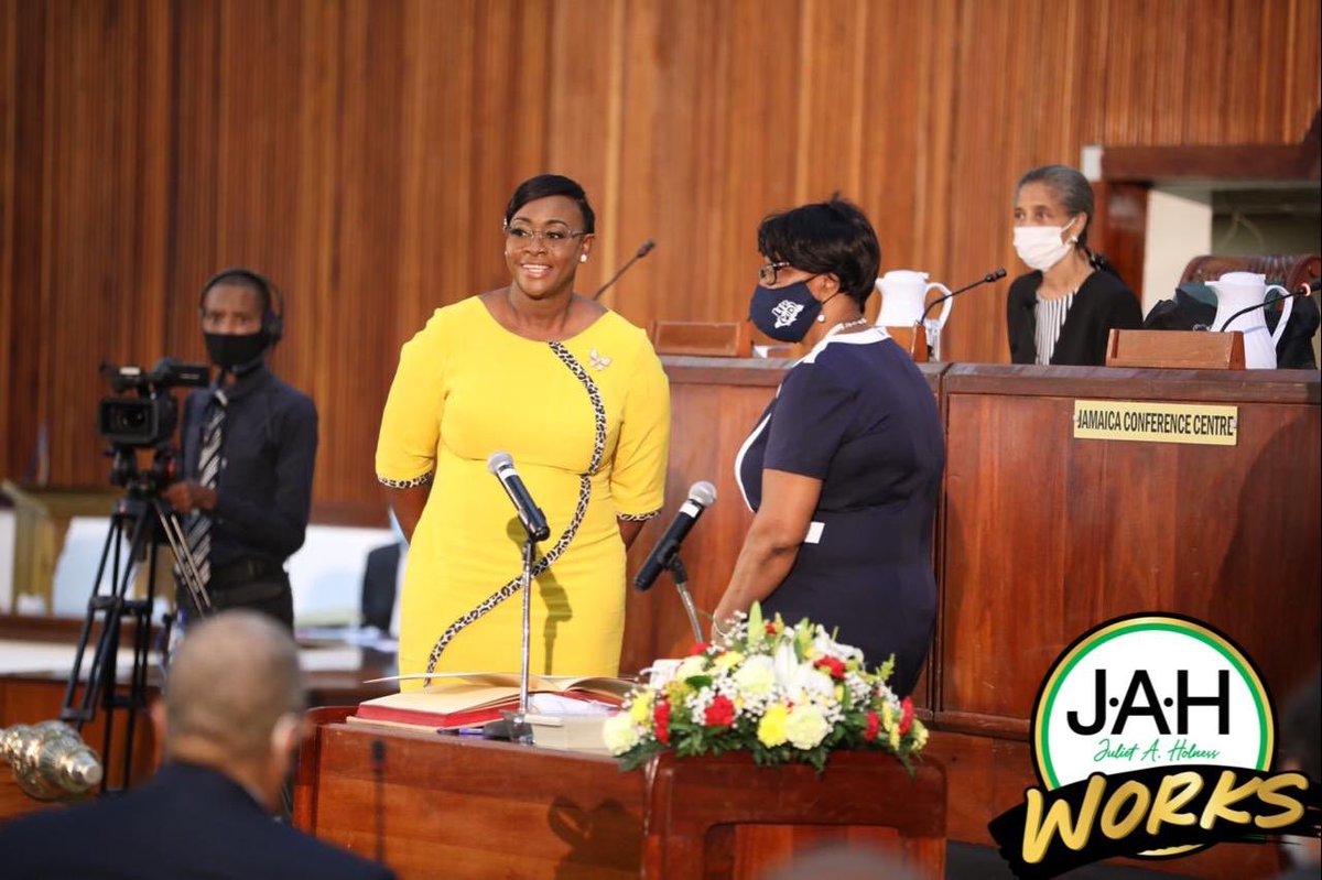 honbrogadjm's tweet photo. A warm Parliamentary welcome and congratulations to the Deputy Speaker of the House, Juliet Holness, who was sworn in today at the Jamaica Conference Centre. #Mosthonbrogad https://t.co/1fhlBb9pJN