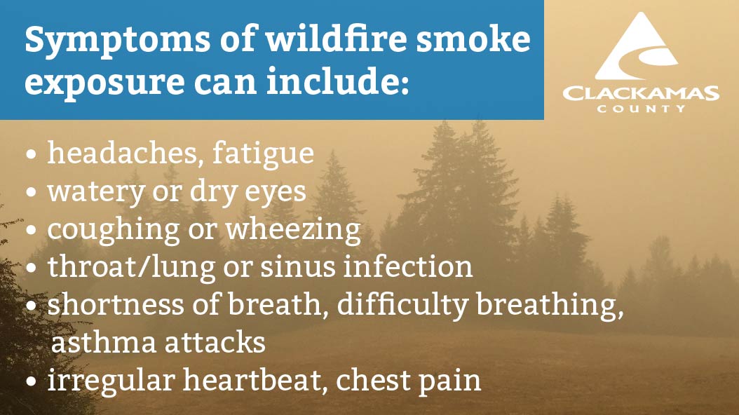 clackamascounty's tweet photo. With air quality remaining well into the unhealthy range, it's important to be aware of the symptoms/risks of exposure to wildfire smoke. These can include headaches, fatigue, coughing &amp; more. Stay indoors at all times if possible. Learn more at https://t.co/hjhyq6ZoR7 https://t.co/RLLbYPaN4m
