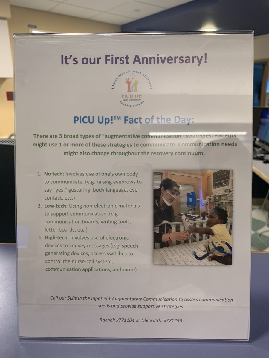 It's the 1 year anniversary of PICU Up! at Boston Children's Hospital! Today's Fact of the Day highlights AAC. So proud to work in a setting where communication access is the EXPECTATION and not the EXCEPTION!

#AAC #ICUrehab #PICU_UP #illnessdoesntmeanstillness #PedsICU #slpeeps