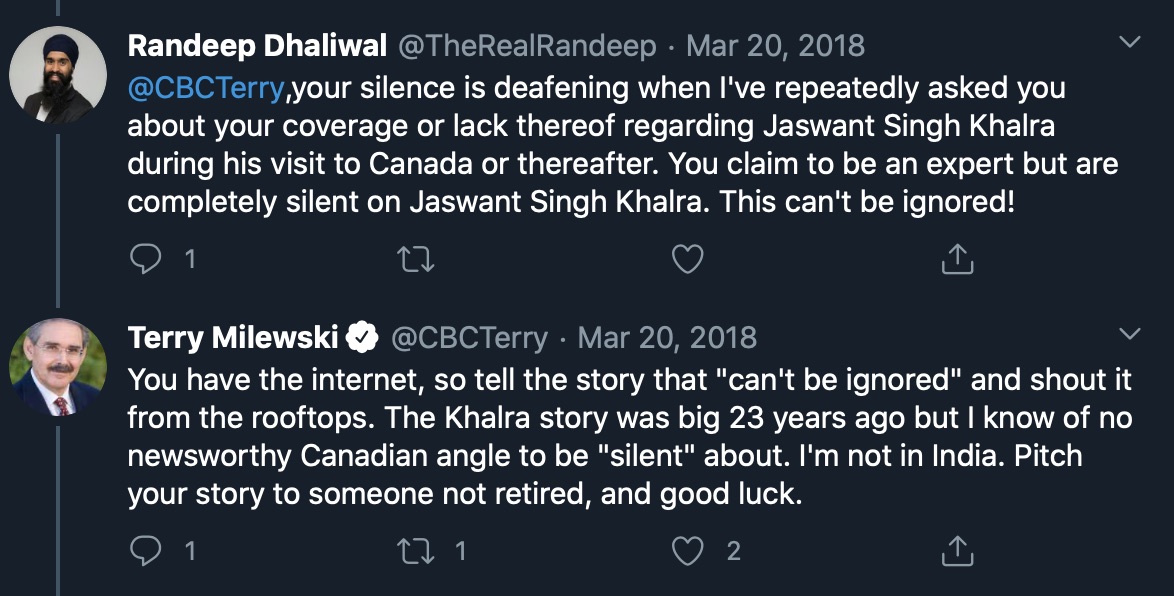 Terry now openly talks of a Pakistani nexus and speaks on the behalf of India foreign policy (and for Indian news channels) — but when asked to cover human rights activist Jaswant Singh Khalra, said he was retired and not interested in Indian affairs as a Canadian.
