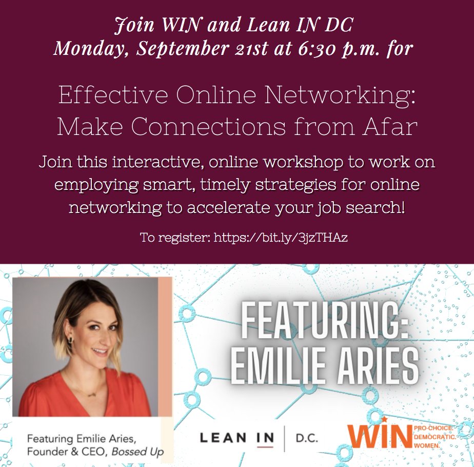 WINonline's tweet photo. Networking is awkward, but having to do it online, mid-pandemic, is beyond uncharted territory! We are partnering with @LeanInDC and @emiliearies to bring you this free online workshop on effective online networking.

To register: https://t.co/O6ut0Cry2Q https://t.co/4tSawD3Eac