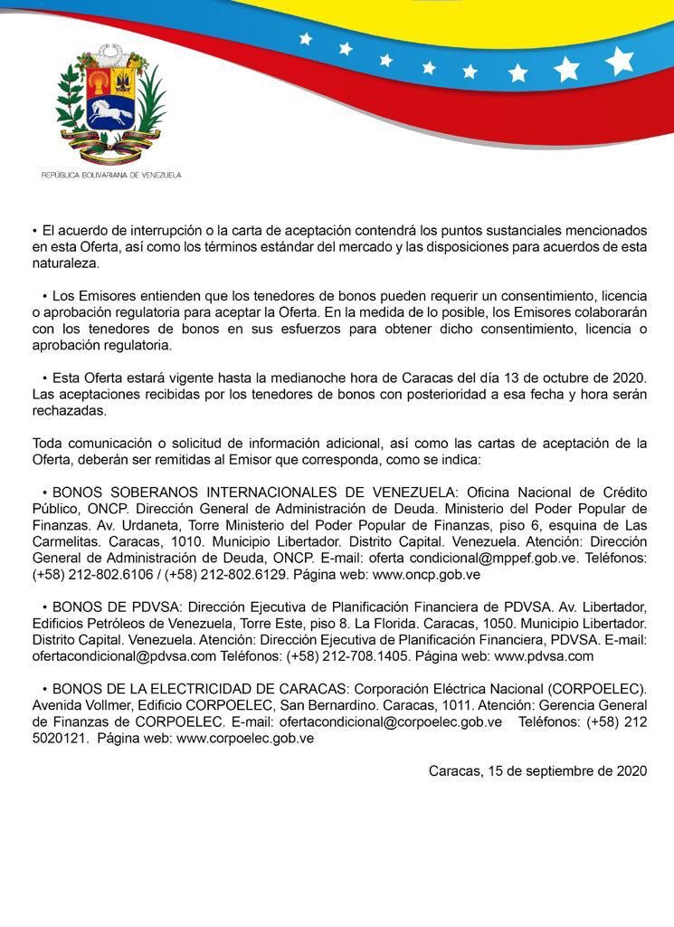 drodriven2's tweet photo. 1/3 Venezuela, en aras de honrar sus compromisos financieros y tomando en cuenta el obstáculo que ha significado las sanciones criminales contra la nación, presenta una oferta condicional para los tenedores de bonos relevantes de la República, @PDVSA y La Electricidad de Caracas. https://t.co/7sRbZwwv37