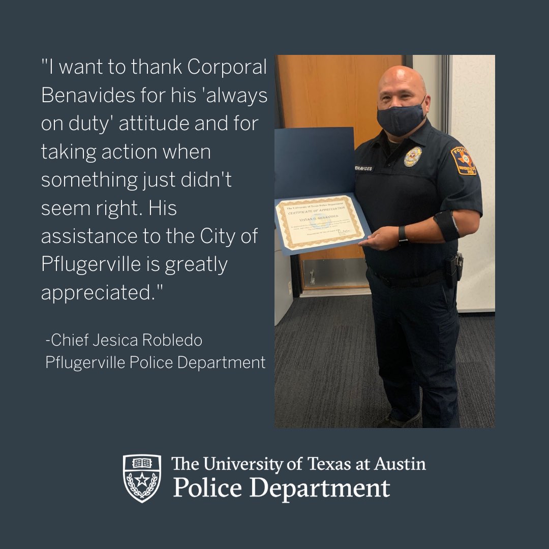 My delayed thanks to @PfChiefRobledo &amp; <a href="/Pf_Police/">Pflugerville Police</a> for recently recognizing <a href="/UTAustinPolice/">UT Austin Police Department</a> Cpl. Vivian Benavides for his helping to lead PPD to the arrest of multiple suspects who had just robbed a department store and pepper-sprayed an employee.