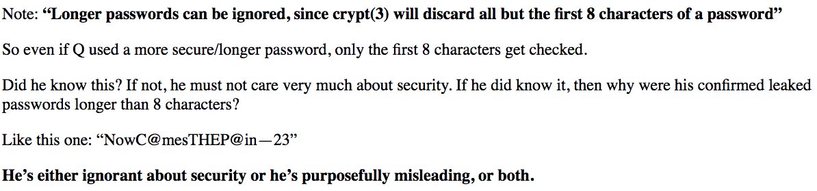 This is obvious to anyone who takes 5 minutes to look into 4chan/8chan/8kun. "Verification" can be gamed quite easily - since these sites only use 8 characters for their passwords and ignore any password characters past that limit, it basically refutes "Q"s desire for "security".