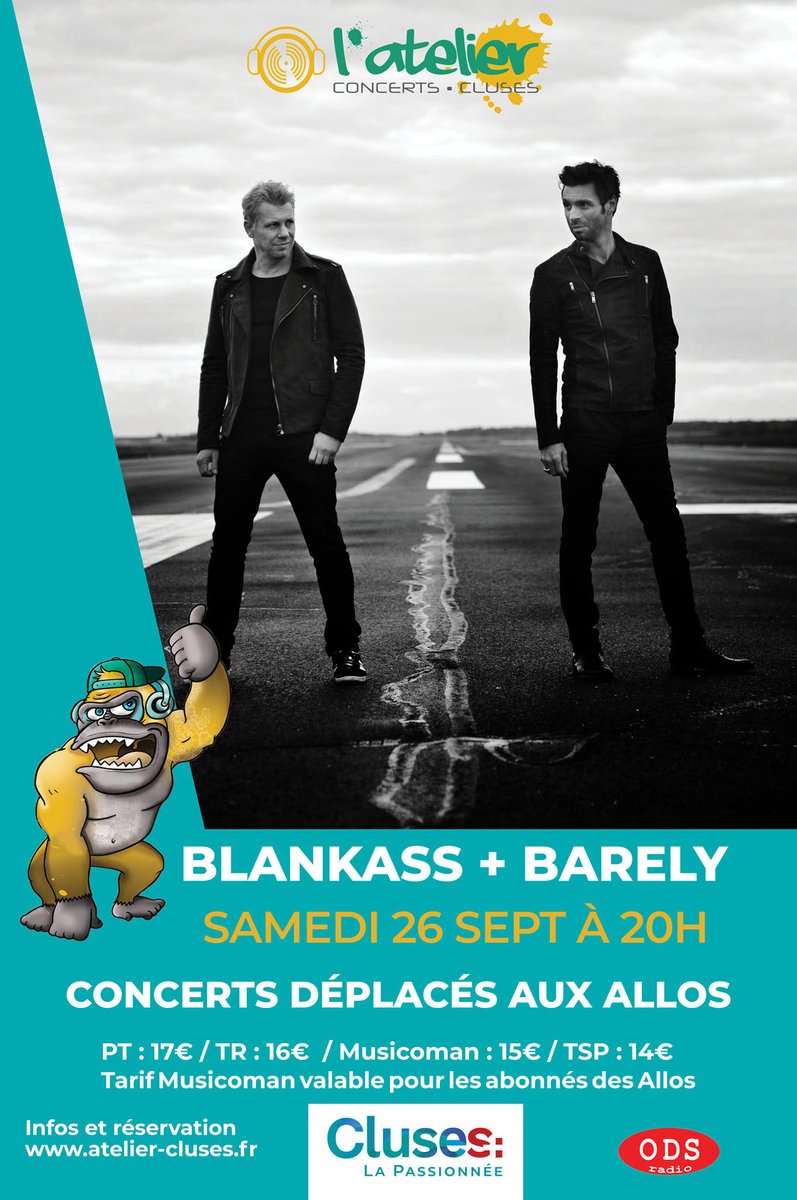 Le concert de Cluses(74) samedi 26 septembre a été déplacé au théâtre d'Allos (salle assise)
Infos et billets sur l'événement : facebook.com/events/9153192…
à très vite pour ce concert de reprise ! On a tellement hâte #concert #rock #blankass #cluses #reprise