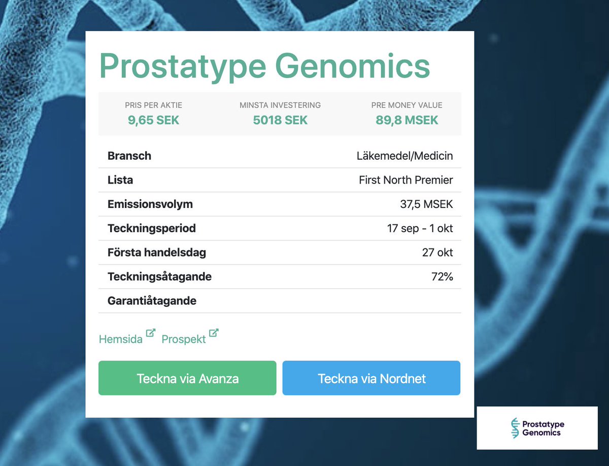 IPOnyheter's tweet image. Prostatype Genomics ytterligare en spännande notering att vänta? 

Teckningsperiod 17 sep - 1 okt

ipo.se/borsnoteringar…

#ipo #notering