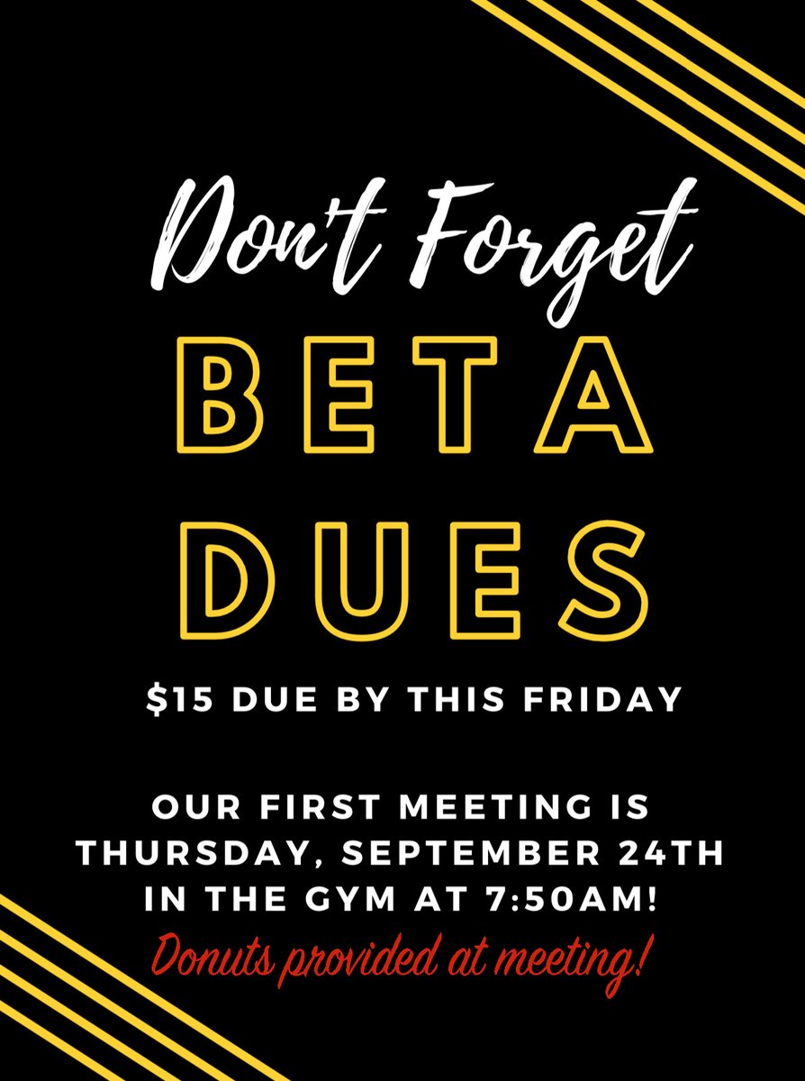 Hey Betas! Remember to pay your 2020-2021 dues by this Friday (Sept. 18). Our first meeting is next week! <a href="/isaacratcliff1/">Isaac Ratcliff</a> <a href="/mackenna_13/">Mackenna Rodgers</a> <a href="/jacobrinehart_/">Jacob Rinehart</a>