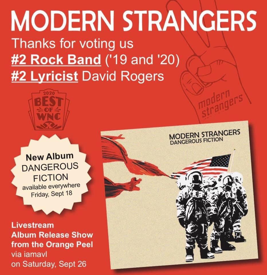 ModernStrangerz's tweet photo. @mxnews  readers have once again named us your favorite rock and roll underdogs!! Modern Strangers #2 rock band and our fearless leader David was named #2 lyricist. We love you Asheville https://t.co/9U7arqWBWG