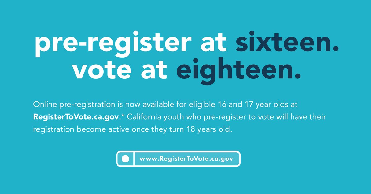 Did you know students may pre-register to vote if they are 16-17 years old? Now through next week is Voter Education Weeks to get eligible students registered to vote &amp; get all to become informed/passionate citizens become active voters once 18+! RegisterToVote.ca.gov