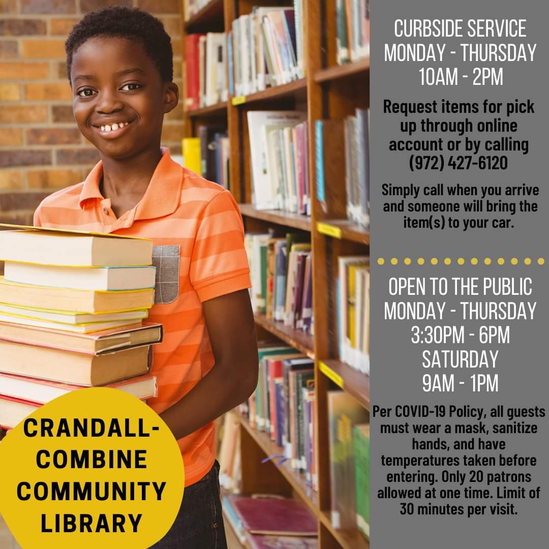 Tomorrow is the day we welcome our community back into the Crandall-Combine Community Library. <a href="/LibraryCrandall/">Crandall Library</a>