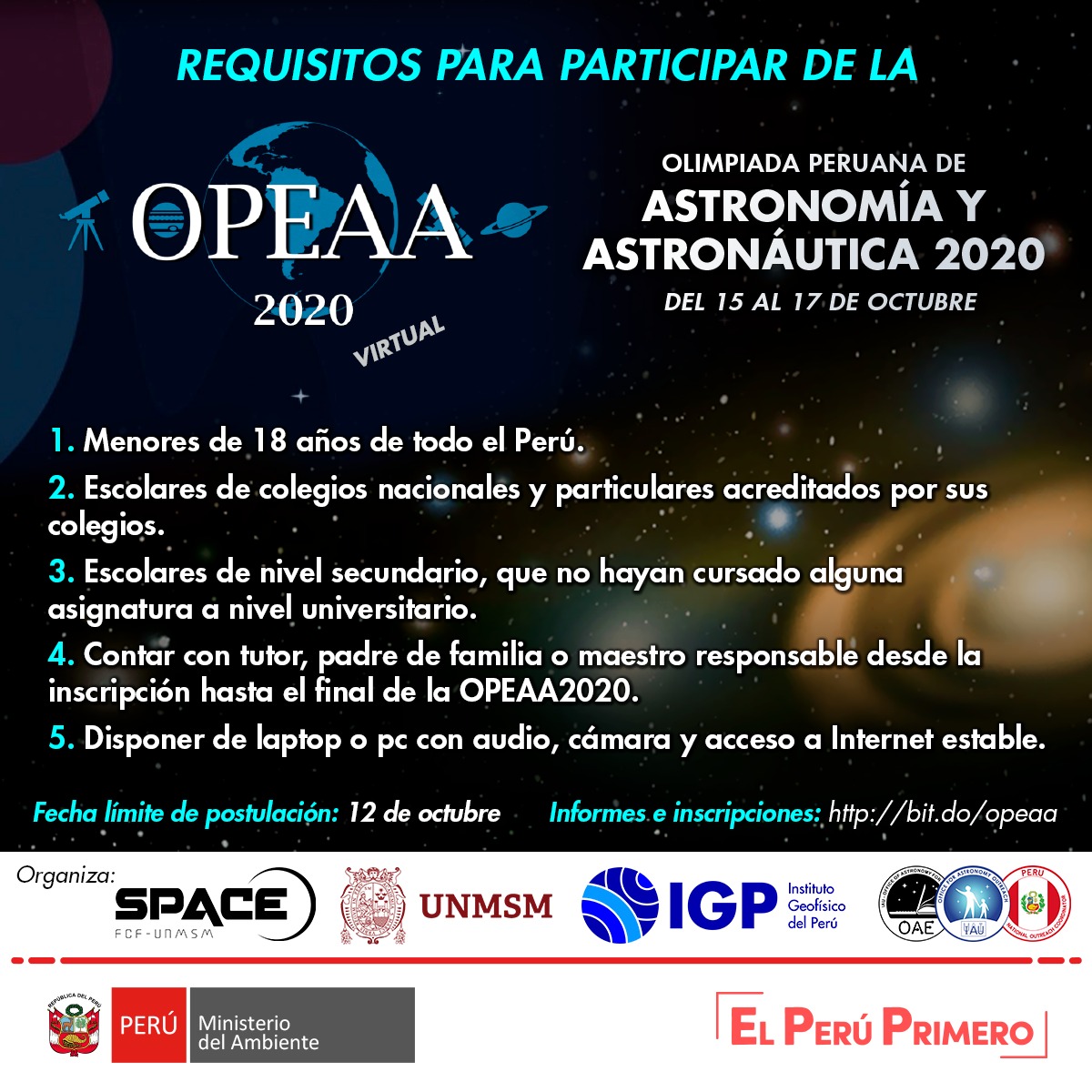 igp_peru's tweet photo. 📣 #OPEAA2020 | Si cursas del 1ro al 5to de secundaria puedes participar en las Olimpiadas Peruanas de Astronomía y Astronáutica 2020 y representar a nuestro país en un concurso que pondrá a prueba tus conocimientos sobre el espacio. Conoce cuáles son los requisitos. https://t.co/IV09KiOXkW