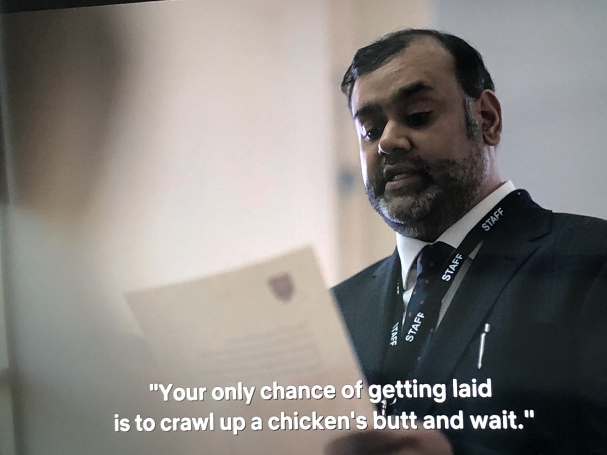Jennjeran's tweet photo. This show is hilarious. From the main character’s business name (“Kiln ‘Em Softly”) on to this scene with the headmaster 😂 @Netflix #TheDuchess https://t.co/YkamklLcbP