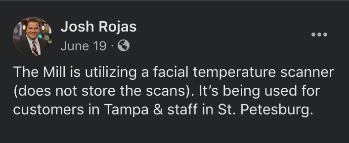 PreventechAi's tweet photo. The Mill restaurants in Tampa and St. Pete know our tech is made with American privacy in mind. #ai #facialrecognition #temperaturescreening #software #privacy #temperaturemonitoring #temperaturemeasurement #temperaturecheck #temperaturedetection #temperaturescanner https://t.co/botTTdwzJ6