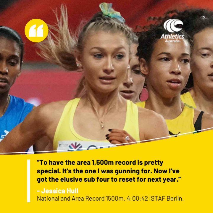 AustralianAths's tweet photo. NEW AUSTRALIAN RECORD!
@jessicahull143 ran an Australian and Area 1500m record of 4:00:42 overnight while finishing third at ISTAF Berlin.
-
#thisisathletics #athstogether #australianrecord #1500m https://t.co/wbUpRjO2Ro