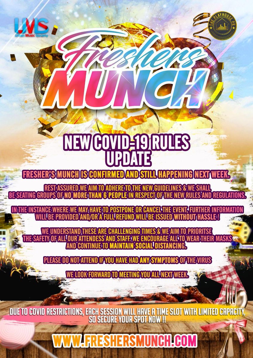 Freshers munch is still happening people🥳🥳🥳 but if you haven’t got a ticket hit the link and make sure you abide by the rules🤝

freshersmunch.com
