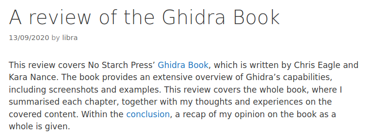 My extensive book review of the Ghidra Book by <a href="/sk3wl/">Chris Eagle</a> and Kara Nance (published by <a href="/nostarch/">No Starch Press</a>) is now live! Read it here: maxkersten.nl/2020/09/13/a-r…