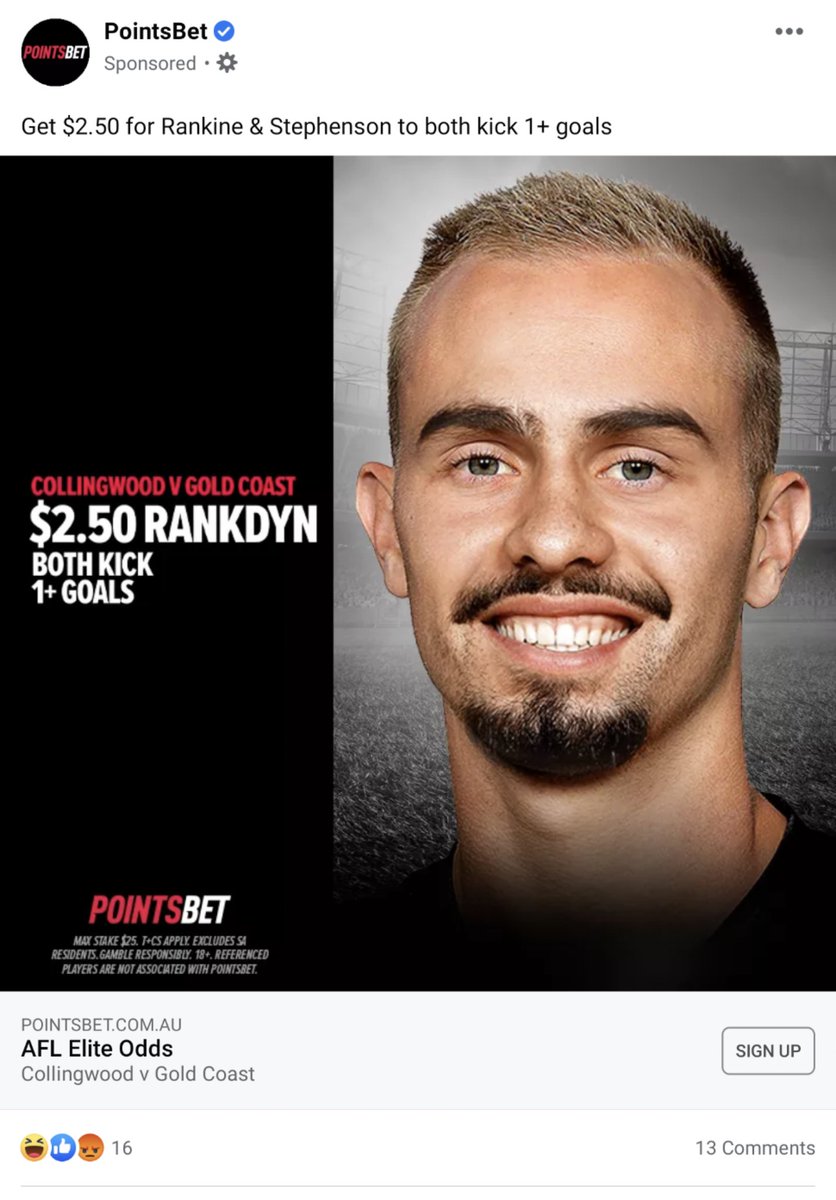 TimothyJ_23's tweet photo. Would've been a good idea for this mob to check who's playing before wasting the designer's time on a face mashup 🤔 #aflpiessuns #gambleirresponsibly https://t.co/RfHOVRyCni