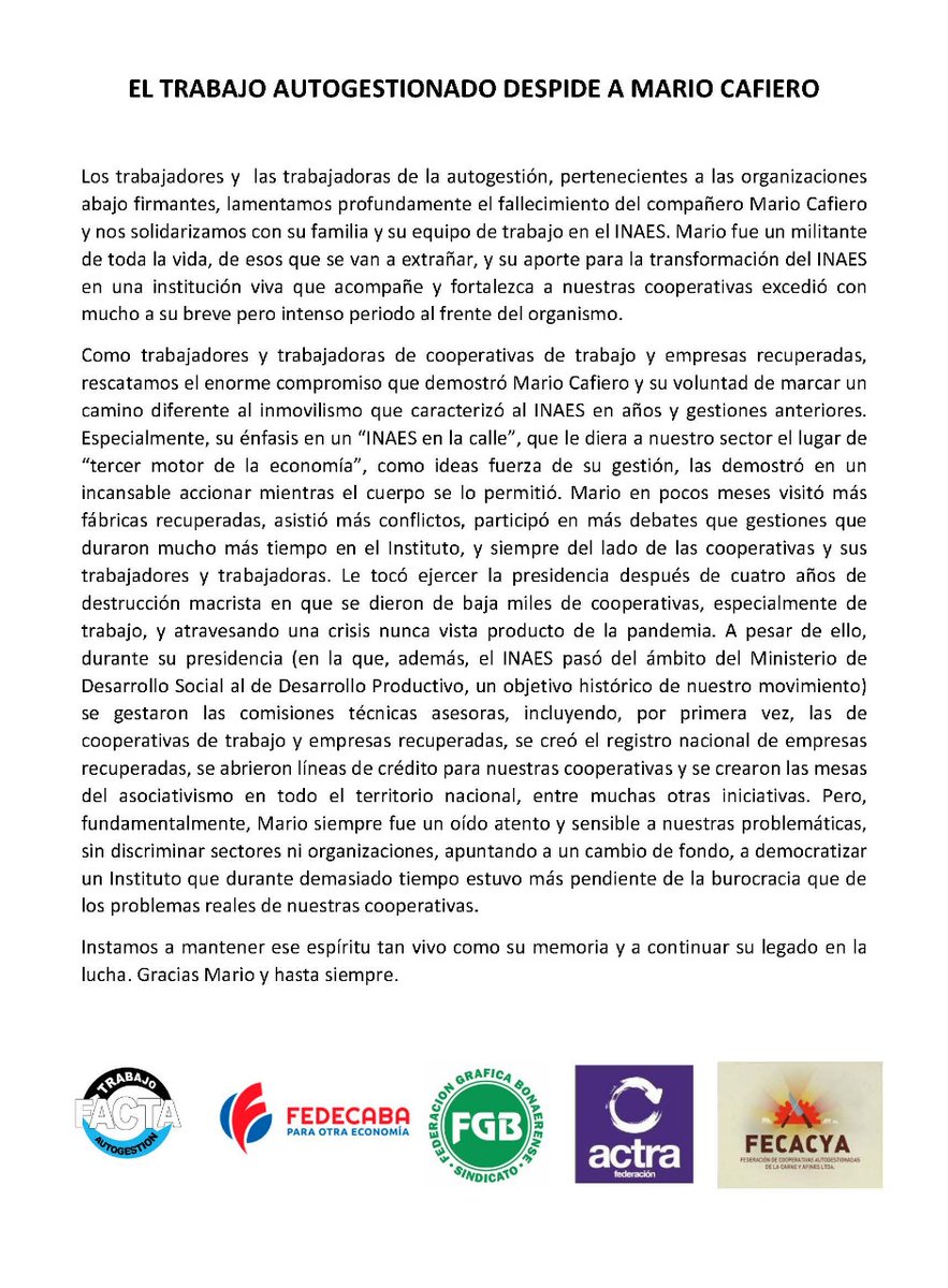 TonarelliFede's tweet photo. Junto a lxs compañerxs del Cooperativismo de trabajo despedimos a Mario Cafiero. https://t.co/CucpUJYgMx