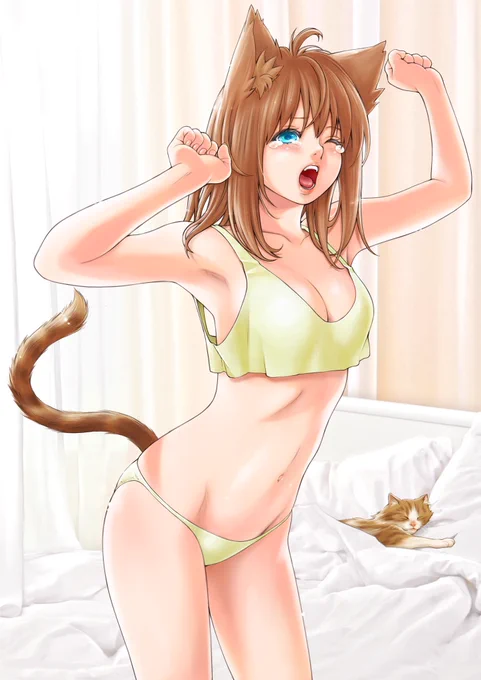 おはようございます寝起き猫と猫ちゃんどなた様もステキな一日をお過ごしください#猫 #猫耳 
