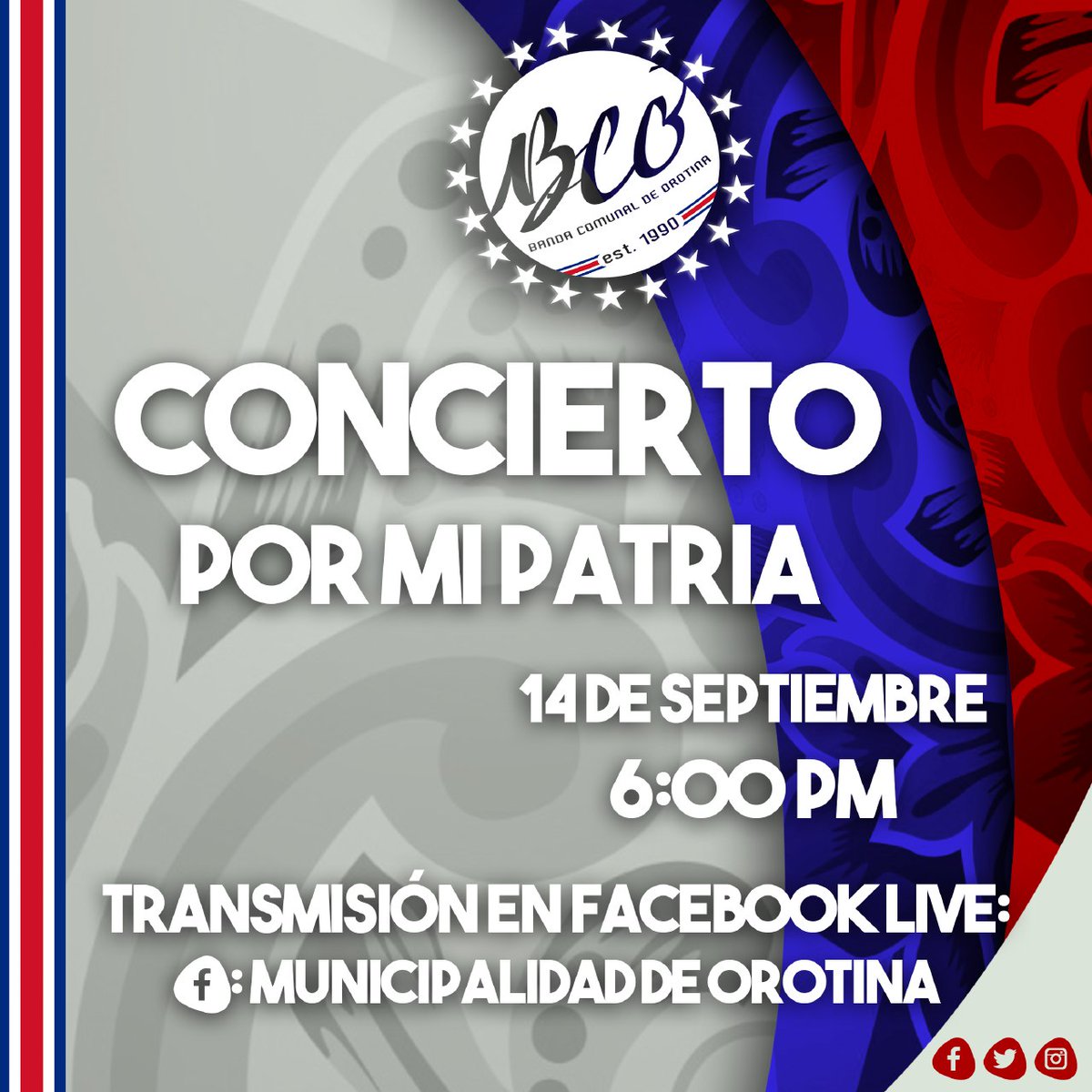 YoSoyBCO's tweet photo. CONCIERTO POR MI PATRIA 🇨🇷
A las 6 pm, desde nuestros hogares, en nuestra burbuja social, a una sola voz, entonaremos nuestro Himno Nacional ¡Te esperamos!

Lunes 14 de Septiembre 2020
6:00 am | Facebook Live Municipalidad de Orotina

¡No te lo pierdas!

#YoSoyBCO 💚💛💚💛🇨🇷 https://t.co/AzStxbI3UK