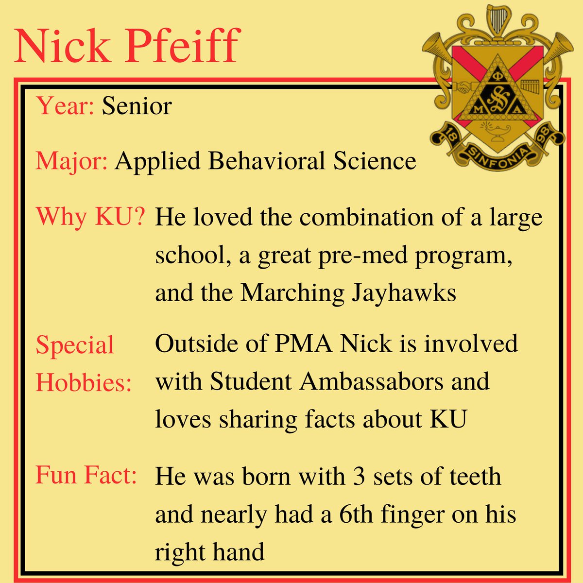 Xi_PMA's tweet photo. For our first Brother of the Week of the fall semester I would like to introduce Nick Pfeiff! Nick was initiated in the Fall of 2018 and is our current Vice President. He is also highly involved in other organizations like Student Ambassadors and Phi Delta Epsilon. https://t.co/toUAHcL5Nf