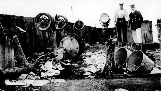RMS Carmania was heavily damaged, with fires threatening to consume the ship, she was also listing due to heavy flooding. With nine of her crew killed with many others wounded.