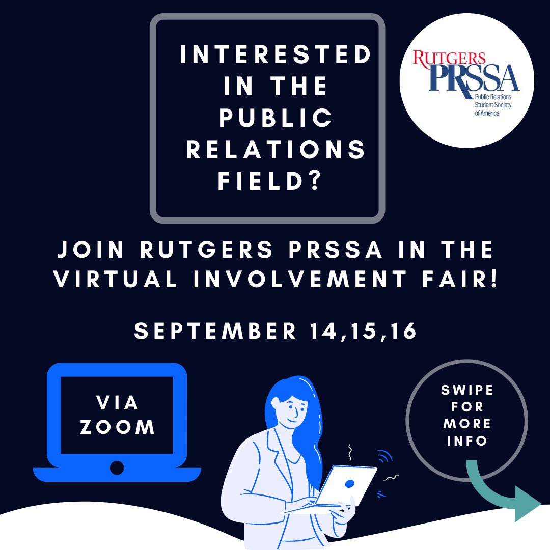 RutgersPRSSA's tweet photo. Rutgers PRSSA will be participating in Rutgers Virtual Involvement Fair from Monday, September 14th- Wednesday, September 16th! Time slots are listed below!

ZOOM MEETING💻:
Meeting ID: 953 9215 9100
Password: 393658 https://t.co/BoGhgKTDeO