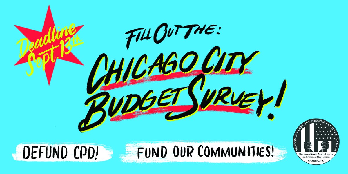 CAARPRNow's tweet photo. Fill out the survey to let @chicagosmayor know that we demand that the city #DefundCPD and #FundOurCommunities.

Chicago's budget currently gives more money to CPD than to public health &amp; community services COMBINED. That ain't right!!

*ENDS TODAY*

https://t.co/kk2zktkO4M https://t.co/SruJWKnar4