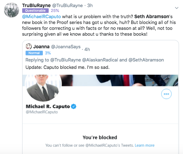MORE/ It's worth noting that—in the midst of being at the heart of national news for causing US deaths though what appears to be criminal negligence—Trump spox Caputo wasn't just stalking my readers but blocking them by the *dozens*. Especially any who mentioned the Proof series: