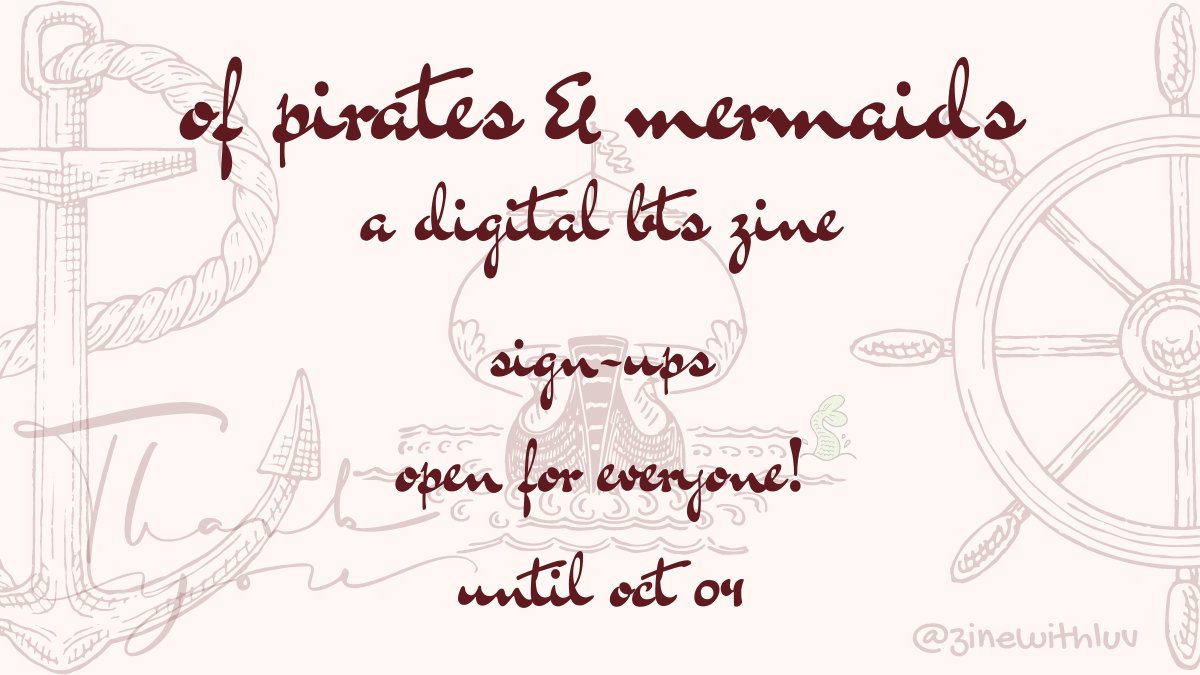 🌊🏴‍☠️BTS PIRATES &amp; MERMAIDS ZINE🏴‍☠️🌊

Sign-ups open NOW for everyone until Oct 04 11:59 PM KST!! 

FAQ ➡️ zinewithluv.carrd.co/#FAQ

⬇️SIGN UP⬇️
docs.google.com/forms/d/e/1FAI…