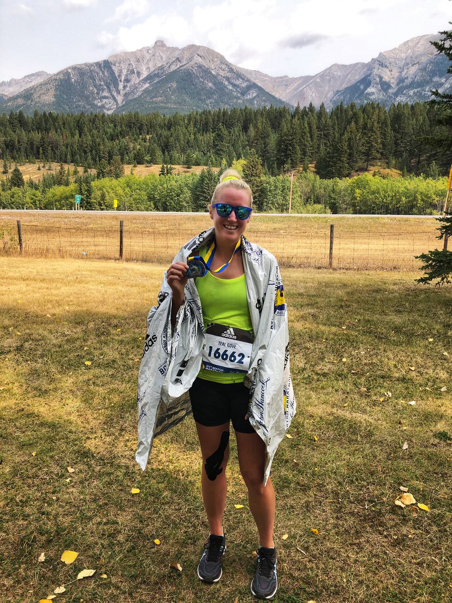 tealgove's tweet photo. I am a BOSTON MARATHONER 💙💛🦄 3:51:11 on the Canmore to Banff (and back) Legacy Trail yesterday. Such a good reminder of how good it feels when you embrace the suck! #BostonMarathon #finishSTRONG https://t.co/mF4AsVmYpH