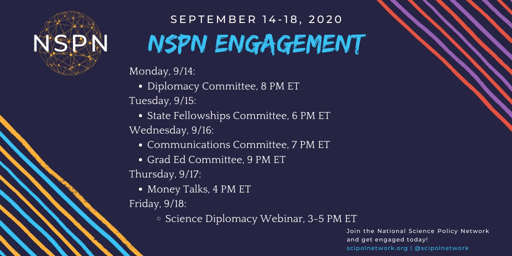 It's a great week to get involved with the NSPN! Stop by a committee meeting to get involved or see what's going on &amp; then end the week with a cool Arctic Treaty webinar w/ the Science Diplomacy Committee! 

You can find the Zoom info on our website at: scipolnetwork.org/events