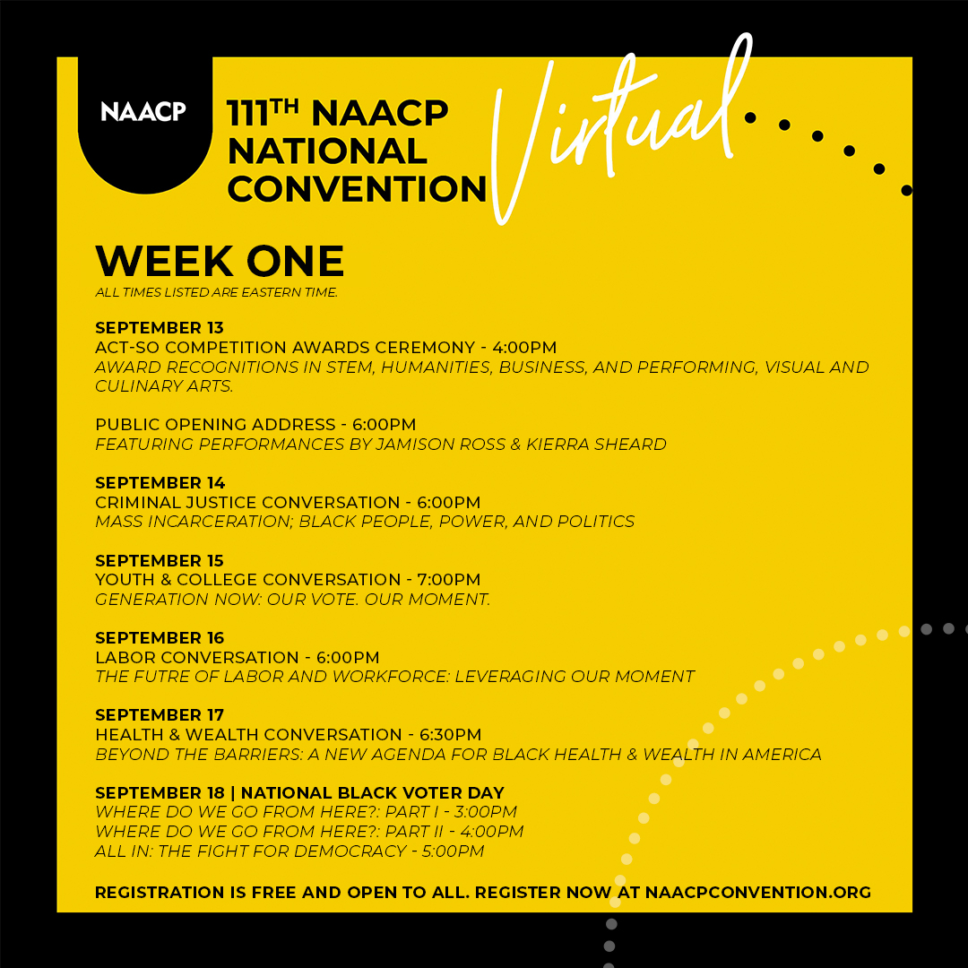 NAACP's tweet photo. #NAACPConvention week one begins today at 4P ET! Join us for the ACT-SO Competition Awards Ceremony followed by the Public Opening Address at 6P ET. #WeAreDoneDying

Register at https://t.co/3l4RSmLGls https://t.co/Hk4xtV7MqE