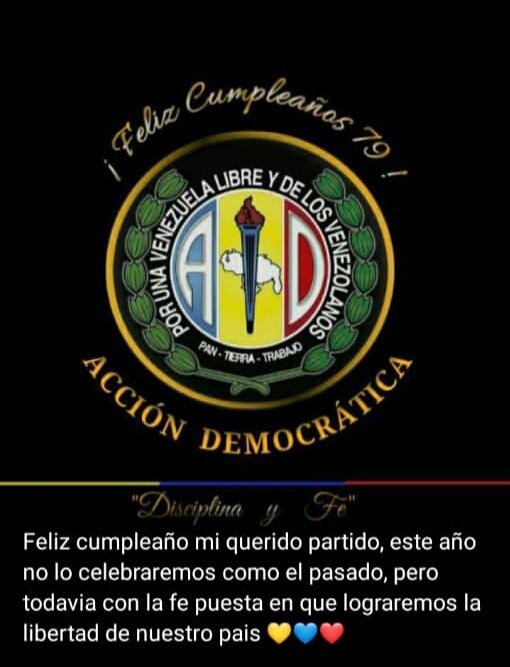 Sivolicarmenm's tweet photo. Saludos calurosos a todos los compañeros @ADemocratica, hoy en el #79aniversario de nuestro Amado Partido.
Los ADecos somos determinantes e incansables en la lucha por la democracia de #Venezuela, nuestro mayor objetivo es la libertad y el progreso de los Vzlanos.
#DisciplinaYFe. https://t.co/0SO9njFTHJ