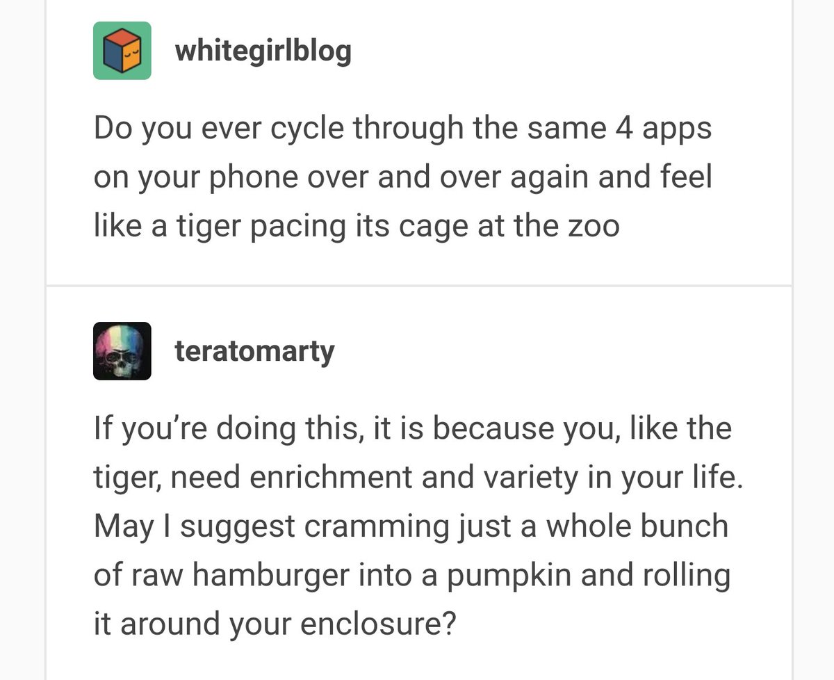 Based on this tumblr post (image desc. below), I use 'minced filled pumpkins' or  as a shorthand for sensory/mental stimulation.Why enrichment is important, especially for  #NeurodiverseSquad    #teamADHD  #ActuallyAutistic & people with alexithymia or anhedonia:a thread