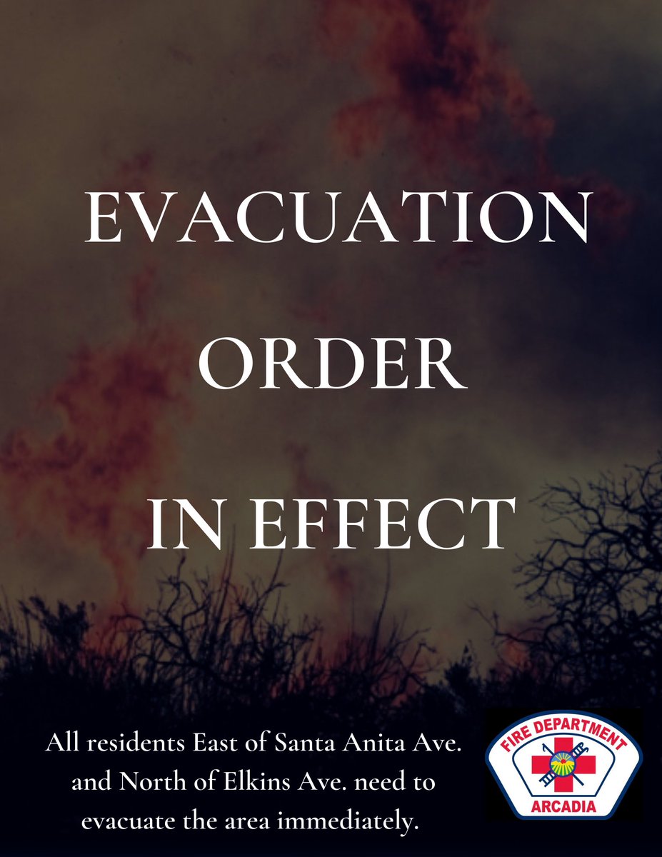 ArcadiaFireDept's tweet photo. #BobcatFire EVACUATION ORDER:  ALL residents north of Elkins Ave. and east of Santa Anita Ave. are to evacuate due to dangerous wildfire conditions. Residents in the area are advised to use Santa Anita Ave. to leave the area. https://t.co/IhrrVrO9WM https://t.co/4Y4NVhsqe6