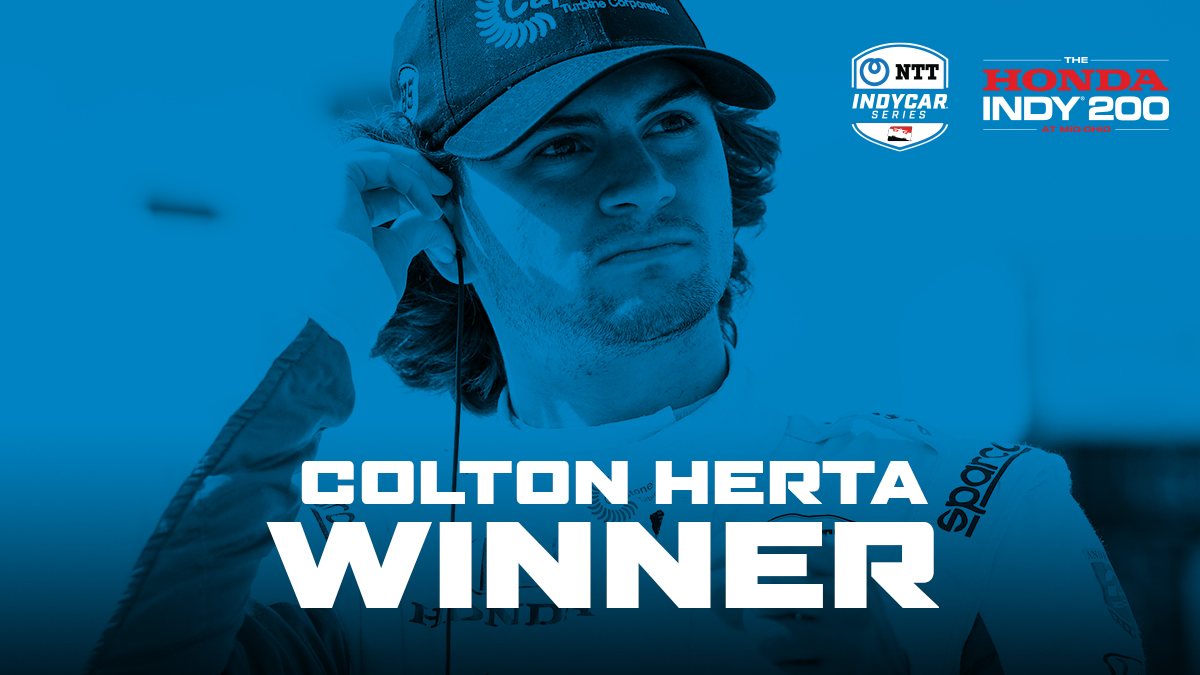 IndyCar's tweet photo. .@Coltonherta follows up his first pole of 2020 with a win at @Mid_Ohio for Race 2 of the doubleheader weekend. Rounding out the podium are teammates @AlexanderRossi and @RyanHunterReay.

#INDYCAR // #Honda200 https://t.co/heKVcbyZc7