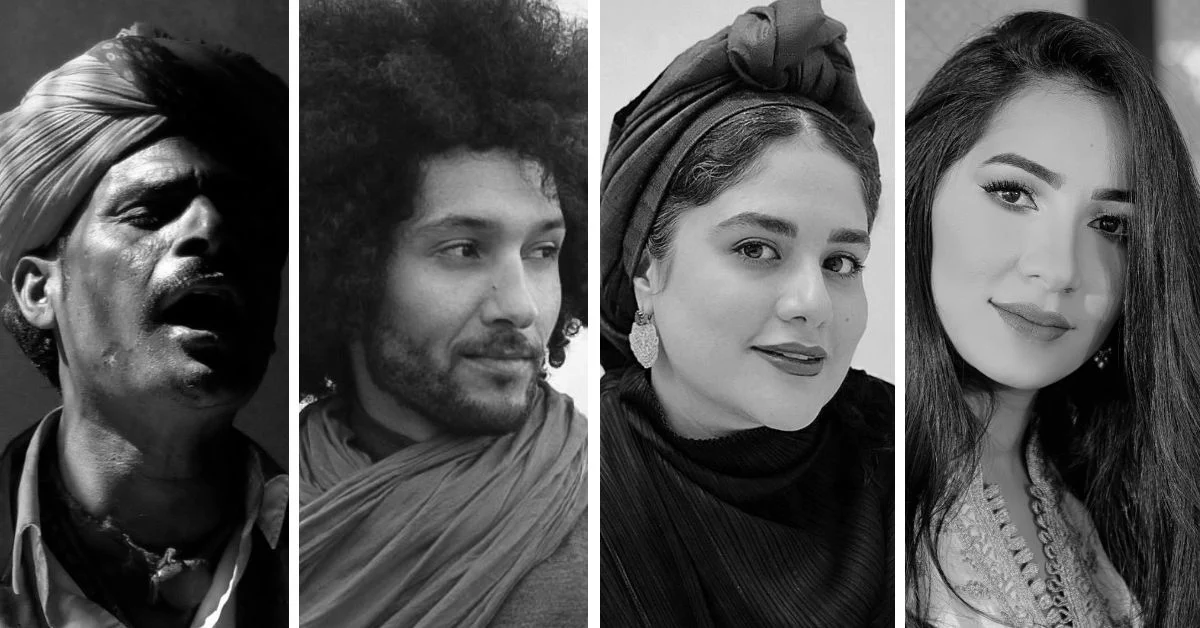Black and white photo collage from left to right of a man in a turban with mouth open as if singing, a man with scarf wrapped around his shoulders, a woman smiling with her hair in a turban, and a woman looking straight ahead with hair falling around her shoulders.