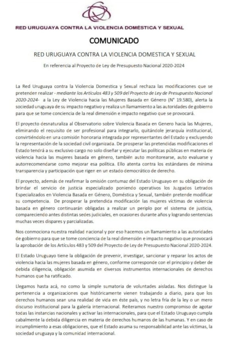 silvi040's tweet photo. Comunicado de la red Uruguaya contra la VIOLENCIA DOMÉSTICA Y SEXUAL en referencia al Proyecto de Ley de Presupuesto Nacional 2020-2024. https://t.co/GOCSwfwDBx https://t.co/WfCgWfIR16