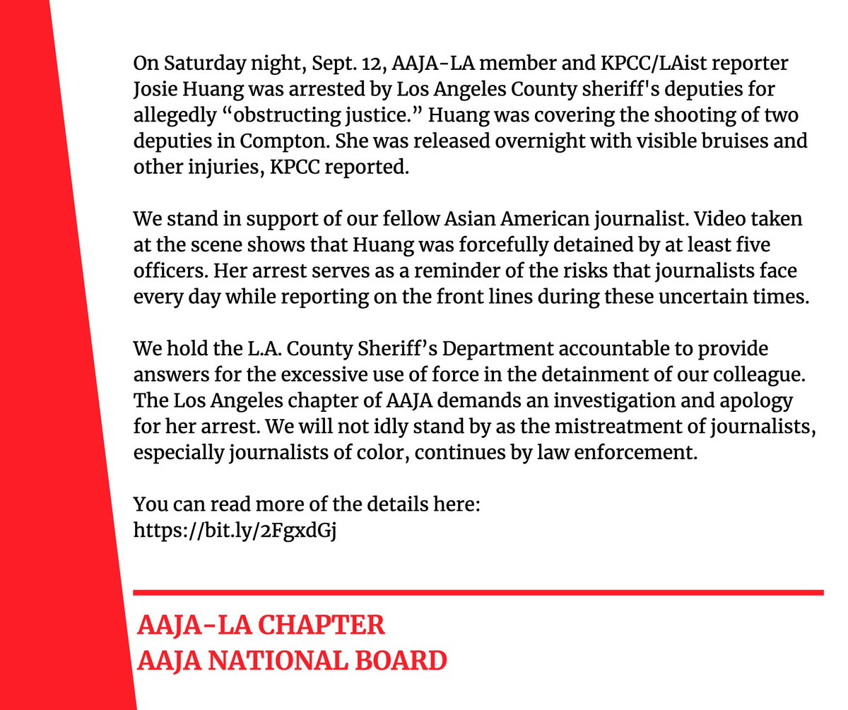 Asian American Journalists Association est. 1981 (@aaja) on Twitter photo .<a href="/AAJAla/">Asian American Journalists LA</a> and @AAJA stand in support of our fellow Asian American journalist and AAJA-LA member <a href="/josie_huang/">Josie Huang</a>, who was arrested last night by LA County Sheriff's deputies for allegedly "obstructing justice" while reporting. Our statement: .<a href="/AAJAla/">Asian American Journalists LA</a> and @AAJA stand in support of our fellow Asian American journalist and AAJA-LA member <a href="/josie_huang/">Josie Huang</a>, who was arrested last night by LA County Sheriff's deputies for allegedly "obstructing justice" while reporting. Our statement: