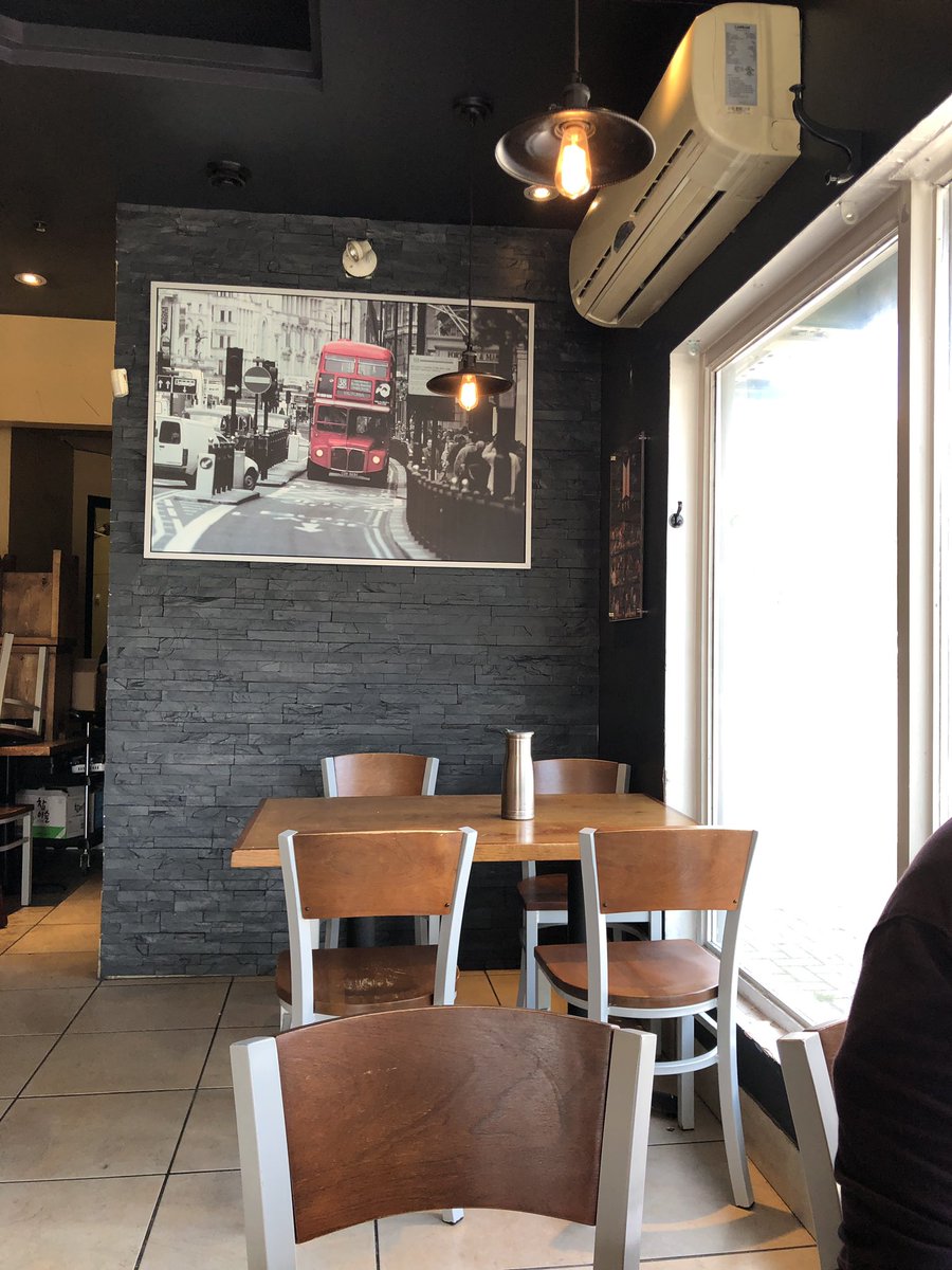 Were eating at the restaurant where <a href="/BTS_twt/">방탄소년단</a> ate during their RunBTS in Toronto. Its a small place how they fit in here with all the filming crew. When we arrrive theres 3 Armys sitting at the table where #BTS seat and I’m so shy to say hello. Now I regretted I wish I say Hi 🙁