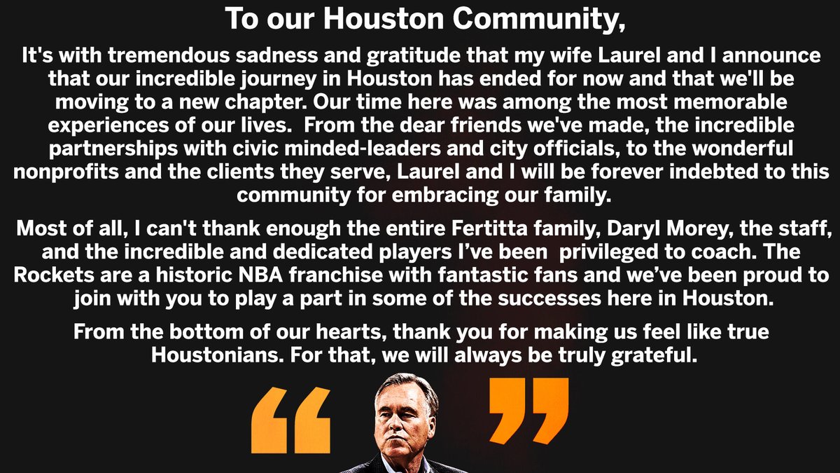 wojespn's tweet photo. Mike and Laurel D’Antoni statement to ESPN on departure from Rockets https://t.co/XypyT8bgC0