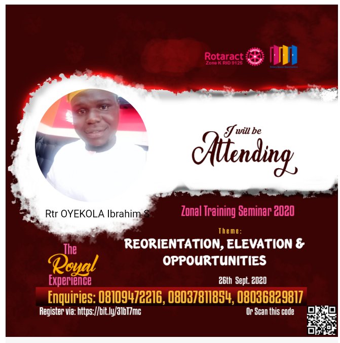 Oyekolaibrahim3's tweet photo. I will be attending the ZTS 2020,,, it's gonna be educative 🥰🥰
Thanks for this opportunity @Rotaract9125NG.
#WrightWritingRight
#D9125WritingWebinar
#IWillWriteRight https://t.co/J2ld0boGwz