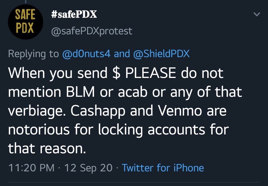 MrAndyNgo's tweet photo. Hundreds of thousands of dollars have been laundered in Portland through @CashApp &amp; @venmo for various antifa groups who purchase everything from food to riot gear to weapons. It costs money to maintain riots for more than three months. #PortlandRiots https://t.co/zd6OIdgRf8