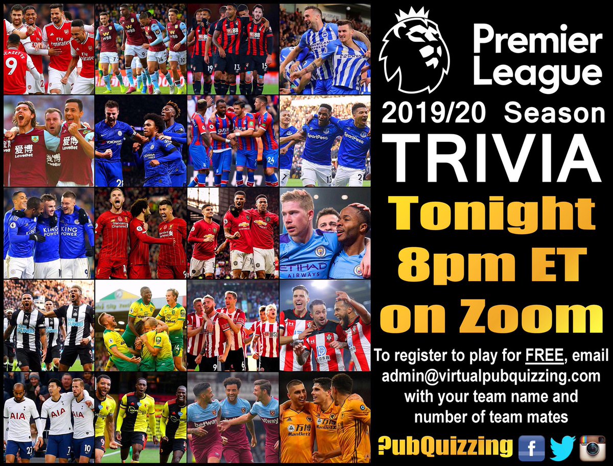 PubQuizzing's tweet image. The new #PremierLeague season has kicked off, but how much do you remember about last season? Join us on Sunday 13th September at 8pm 🇺🇸 ET. Email admin@virtualpubquizzing.com to register with your team name and number of teammates #PremierLeagueTrivia